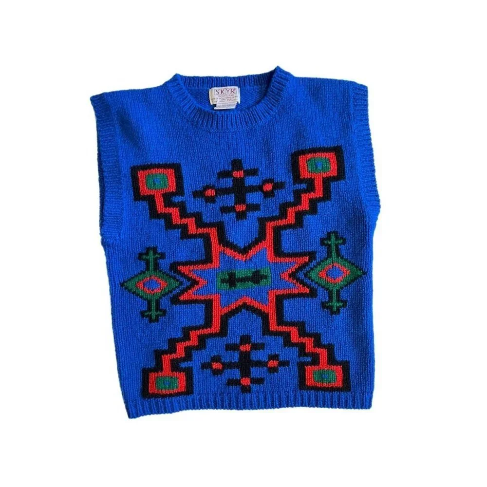 skyr sportswear vintage size medium blue sweater vest w aztec print - Picture 5 of 9